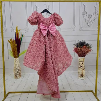 Kız Çocuk Gül Kurusu Gül Desenli Kuyruklu Kıs Kol Elbise Abiye