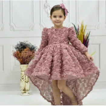 Kız Çocuk Gül Kurusu Gül Desenli Kuyruklu Uzun Kol Elbise Abiye