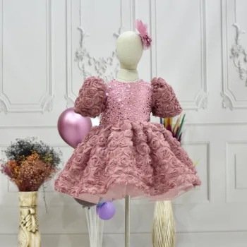 Kız Çocuk Gül Kurusu Gül Desenli ve Boncuklu Kısa Balon Kol