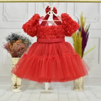 Kız Çocuk Kırmızı Kabarık Gül Desenli Tül Etek şeffaf Kısa Balon Kol Elbise