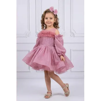 Kız Çocuk Gül Kurusu Parıltılı Üstü Tül Detaylı Kabarık Elbise