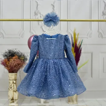 Kız Çocuk İndigo Boncuklu Payetli Kabarık Elbise Uzun Kol