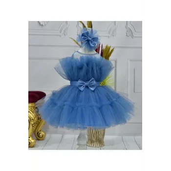 Kız Çocuk İndigo Şeffaf Üst Ön Fiyonk Detaylı Kemerli Kabarık