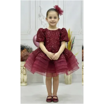 Kız Çocuk Kabarık Bordo Boncuklu Kısa Balon Kol