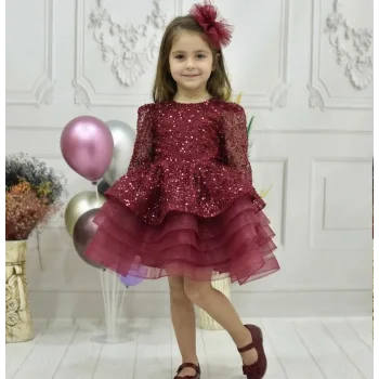Kız Çocuk Kabarık Bordo Boncuklu Uzun Kol Gren Etekli Elbise