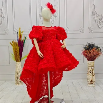 Kırmızı  Güllü Abiye + Kelebek Kısa Balon Kol Elbise Abiye Gelinlik