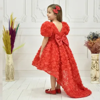 Kız Çocuk Kırmızı Arkası V Yaka Gül Desenli Kısa Balon Kol Elbise Abiye