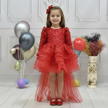 Kız Çocuk Kırmızı Boncuk İşlemeli Kabarık Elbise