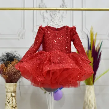 Kız Çocuk Kırmızı Boncuklu Omuz Tül Detaylı Kabarık Uzun Kol Elbise