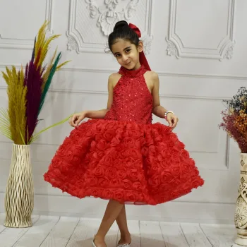 Kız Çocuk Kırmızı Boncuklu Payetli Boğaz Detaylı Kabarık Uzun Kol Elbise