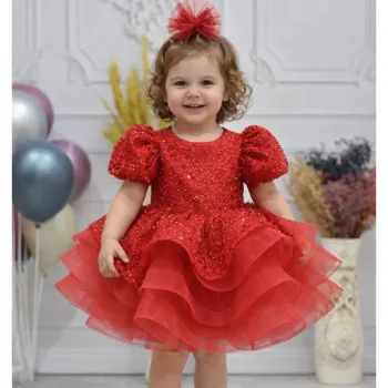 Kız Çocuk Kırmızı Boncuklu Payetli Kabarık Elbise