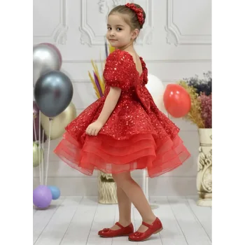 Kız Çocuk Kırmızı Boncuklu Payetli Kabarık Elbise