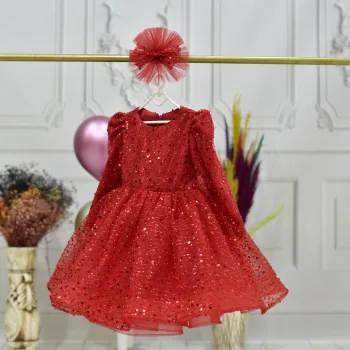 Kız Çocuk Kırmızı Boncuklu Payetli Kabarık Elbise Uzun Kol