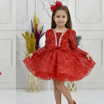 Kız Çocuk Kırmızı Boncuklu Payetli Yakası Taş İşlemeli Dekolteli Kabarık Elbise