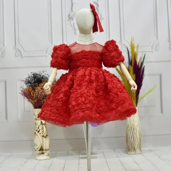 Kız Çocuk Kırmızı Gül Desenli Kısa Balon Kol Kabarık Elbise