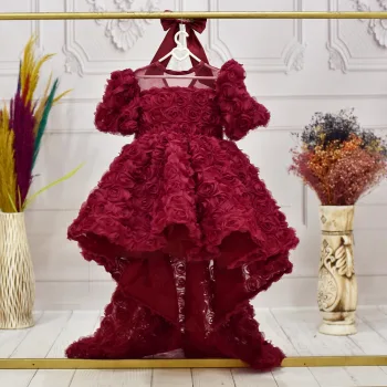 Kız Çocuk Bordo Gül Desenli Kuyruklu Şeffaf Üst Kısa Kol Elbise Abiye