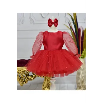Kız Çocuk Kırmızı İncili Uzun Kol Kabarık Elbise