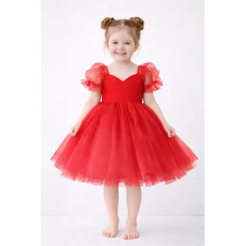 Kız Çocuk Kırmızı Kalp Detaylı Balon Kısa Kol Elbise Abiye