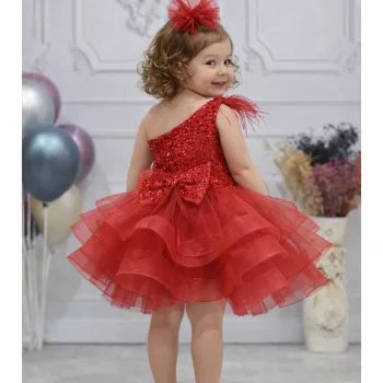 Kız Çocuk Kırmızı Payetli Grenli Tek Omuz Kabarık Elbise