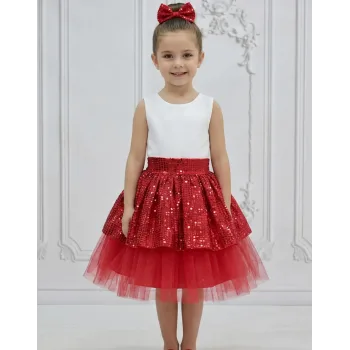 Kız Çocuk Kırmızı 23 nisan  Payetli Tütü Kabarık Etek
