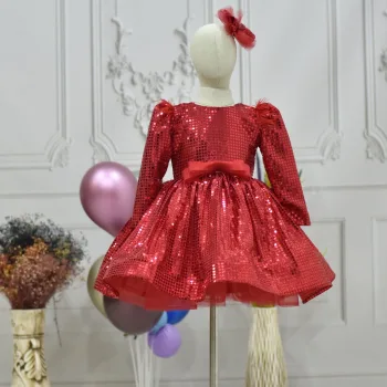 Kız Çocuk Kırmızı Payetli Tüy Detaylı Uzun Kol Bisiklet Yaka Grenli Kabarık Elbise