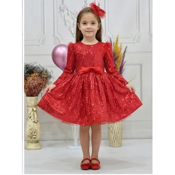 Kız Çocuk Kırmızı Payetli Tüy Detaylı Uzun Kol Bisiklet Yaka Grenli Kabarık Elbise