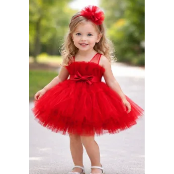 Kız Çocuk Kırmızı Şeffaf Üst Ön Fiyonk Detaylı Kemerli Kabarık