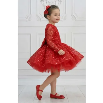 Kız Çocuk Kırmızı Taşlı Boncuklu Kabarık Uzun Kol Parıltılı Elbise