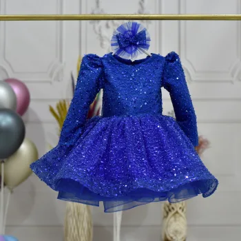 Kız Çocuk Saks Mavisi Boncuklu Payetli Kabarık Uzun Kol Parıltılı Elbise