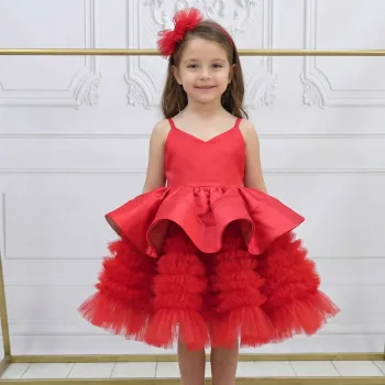 Kız Çocuk Kırmızı Tütül Etek Büzgülü Gelinlik Abiye