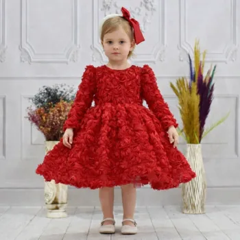 Kız Çocuk Kırmızı Uzun Kol Gül Detaylı Kabarık Elbise