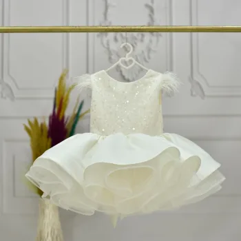 Kız Çocuk Krem Boncuklu Kabarık Elbise Abiye Gelinlik