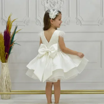 Kız Çocuk Krem Boncuklu Kabarık Elbise Abiye Gelinlik