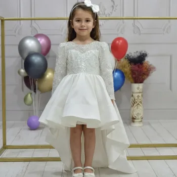 Kız Çocuk Krem Boncuklu Uzun Kol Kuyruklu Abiye Elbise