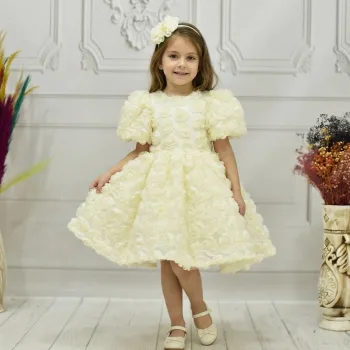 Kız Çocuk Krem Gül 3D Desenli Kısa Balon Kol Kabarık Elbise