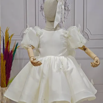 Kız Çocuk Krem Kelebekli 3D Kısa Balon Üstü şeffaf Kol Kabarık Elbise