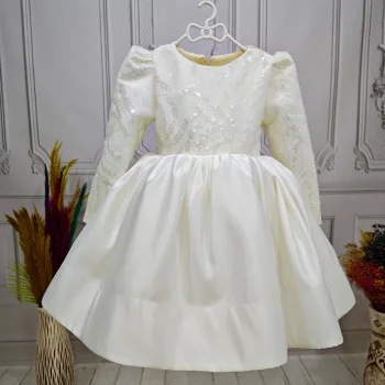 Krem Saten Uzun Kol Balon Kabarık Elbise Abiye Gelinlik