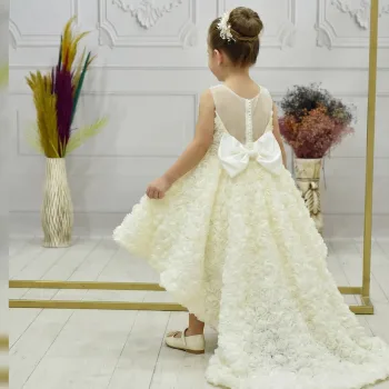 Kız Çocuk Krem Gül Desenli Düğmeli Düğmeli Kuyruklu Sıfır Kol Elbise Abiye