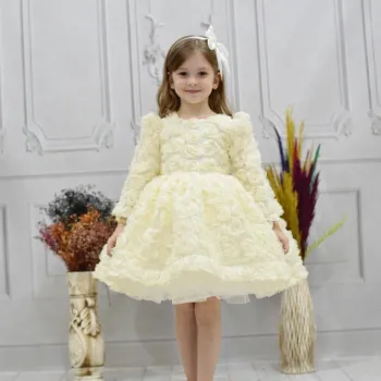 Kız Çocuk Krem Gül Desenli Kabarık Elbise