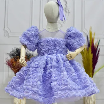 Kız Çocuk Lila Gül Desenli Kısa Balon Kol Kabarık Elbise