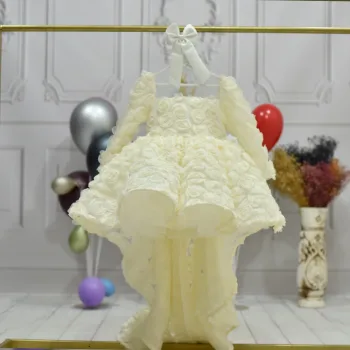 Kız Çocuk Krem Şeffaf Gül Desenli Kuyruklu Elbise Abiye