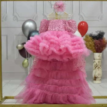 Kız Çocuk Pembe Boncuklu Payetli İşleme + Tak-Çkar KuyruK Abiye Elbise