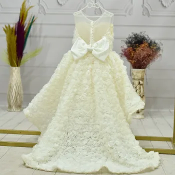 Kız Çocuk Krem Gül Desenli Düğmeli Düğmeli Kuyruklu Sıfır Kol Elbise Abiye