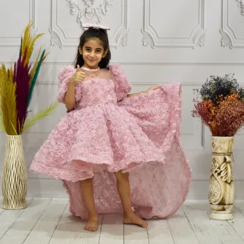 Kız Çocuk Pudra Gül 3D Boyutlu Kuyruklu Kısa Kol Elbise Abiye