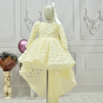 Kız Çocuk Krem Gül Desenli Kuyruklu Uzun Kol Elbise Abiye