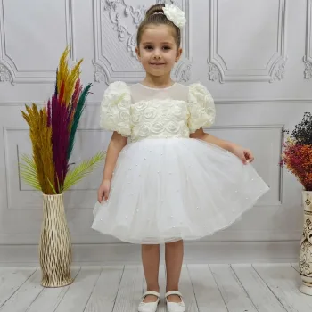 Kız Çocuk Krem Güllü Boncuk Etek Detaylı Abiye Elbise