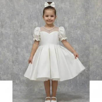 Kız Çocuk Krem incili Detaylı Prenses Kabarık Elbise