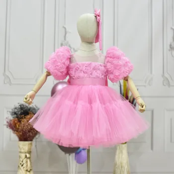 Kız Çocuk Pembe Kabarık Gül Desenli Tül Etek şeffaf Kısa Balon Kol Elbise