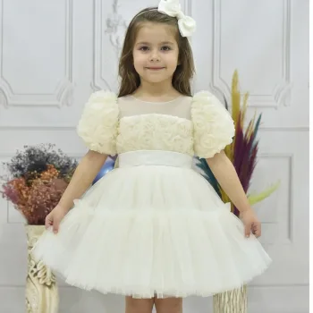 Kız Çocuk Krem Kabarık Gül Desenli Tül Etek şeffaf Kısa Balon Kol Elbise