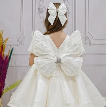 Kız Çocuk Krem Kelebekli 3D Kısa Balon Üstü şeffaf Kol Kabarık Elbise